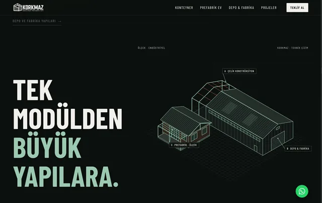 Korkmaz Konteyner ana sayfası: 'Tek modülden büyük yapılara' bölümünde konteyner, prefabrik ev ve depo-fabrika teknik çizimleri