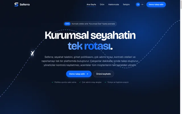 Seferra tanıtım sitesi ana sayfası: Kurumsal seyahatin tek rotası