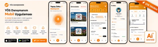 Yös Danışmanım mobil uygulama: AI asistan, üniversiteler, başvurular ve profil ekranları